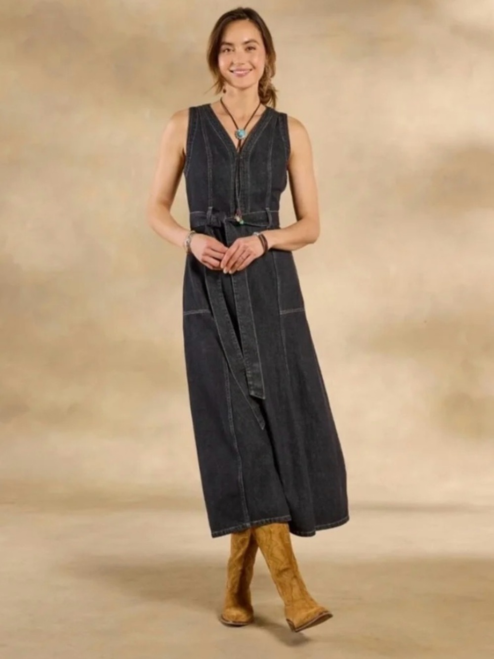 Sundance Washed Black Denim Midi Dress with Tie Belt